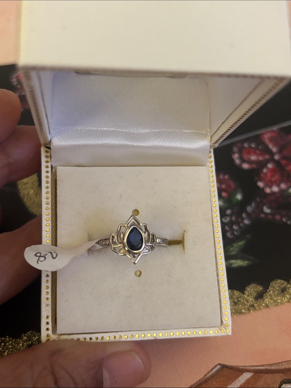 Sterling Silver Lotus Teardrop Ring with Deep Blue Stone